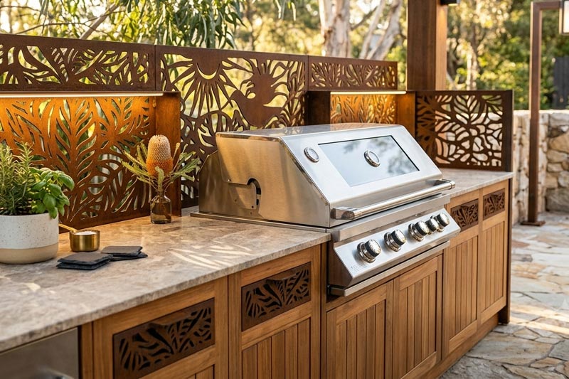 Custom laser cut metal screen installed beside a landscaped outdoor area